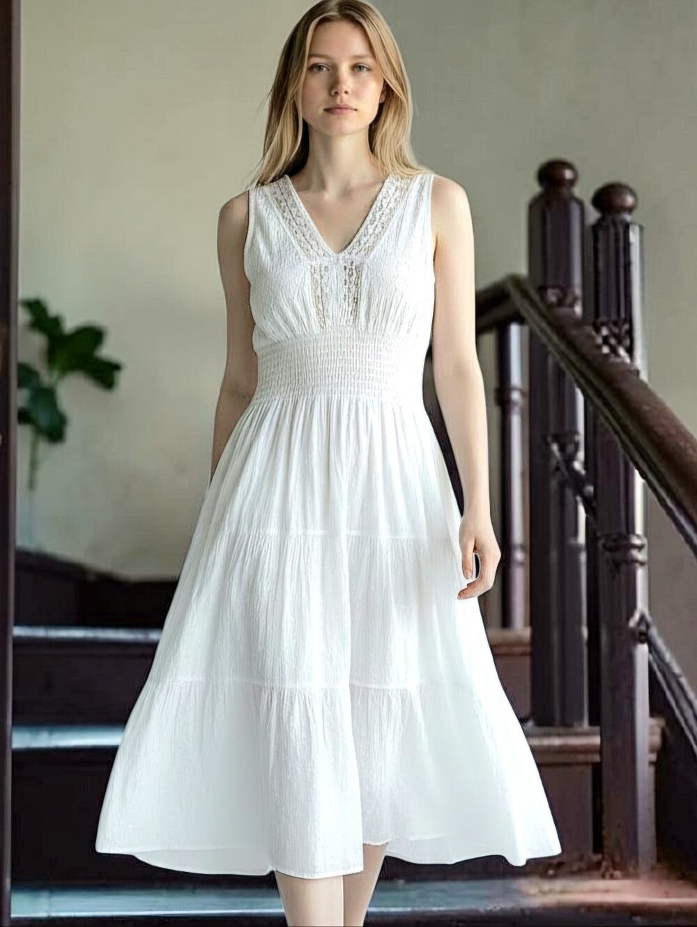 Mlle Gabrielle white gauzy cotton dress with lace trim and tiered skirt. Size L